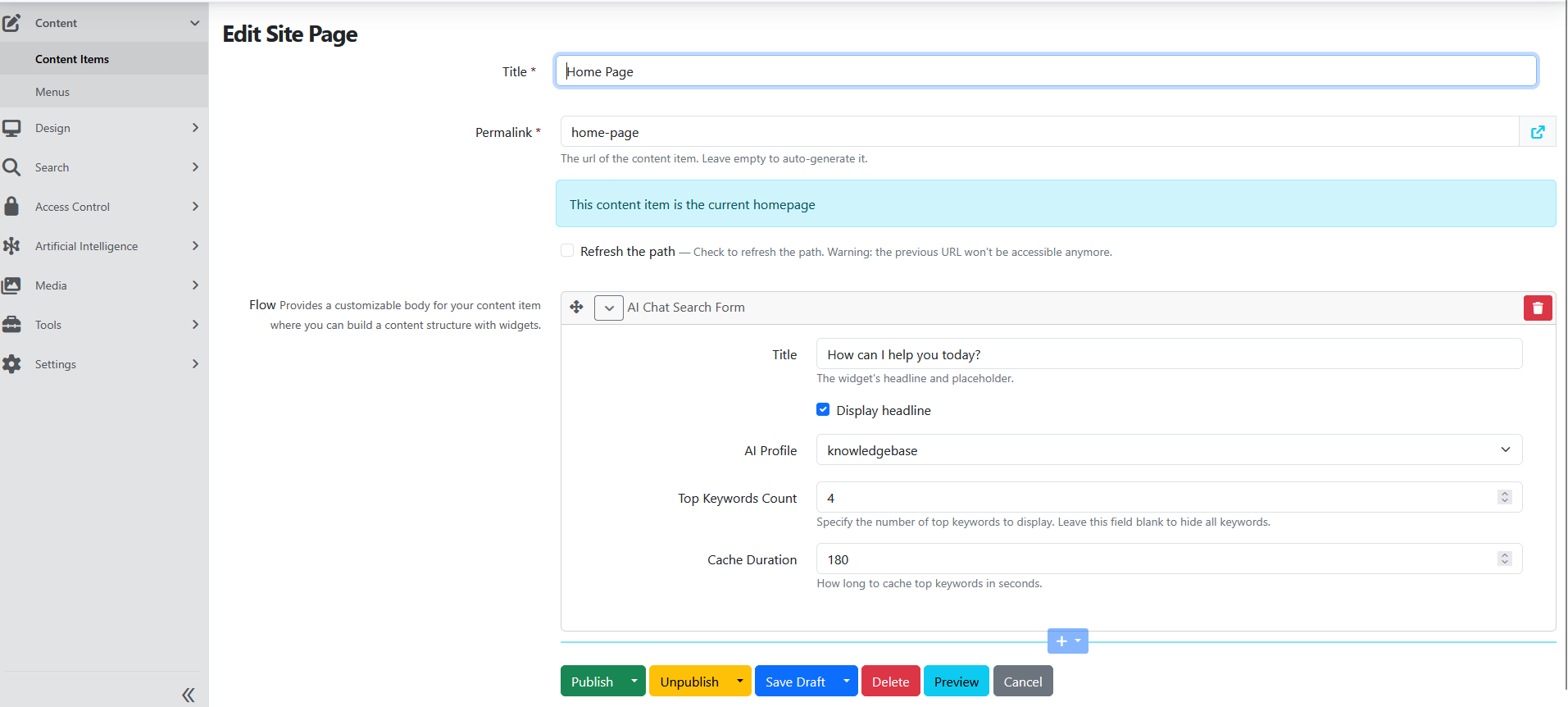 Home page with AI Chat Search Form widget settings