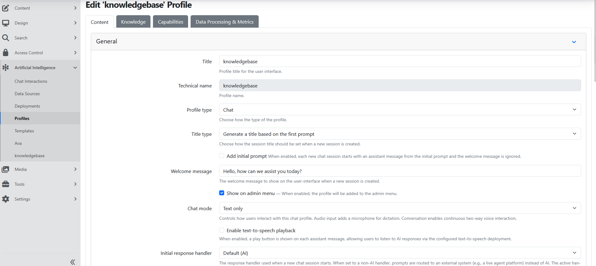 AI Profile content settings