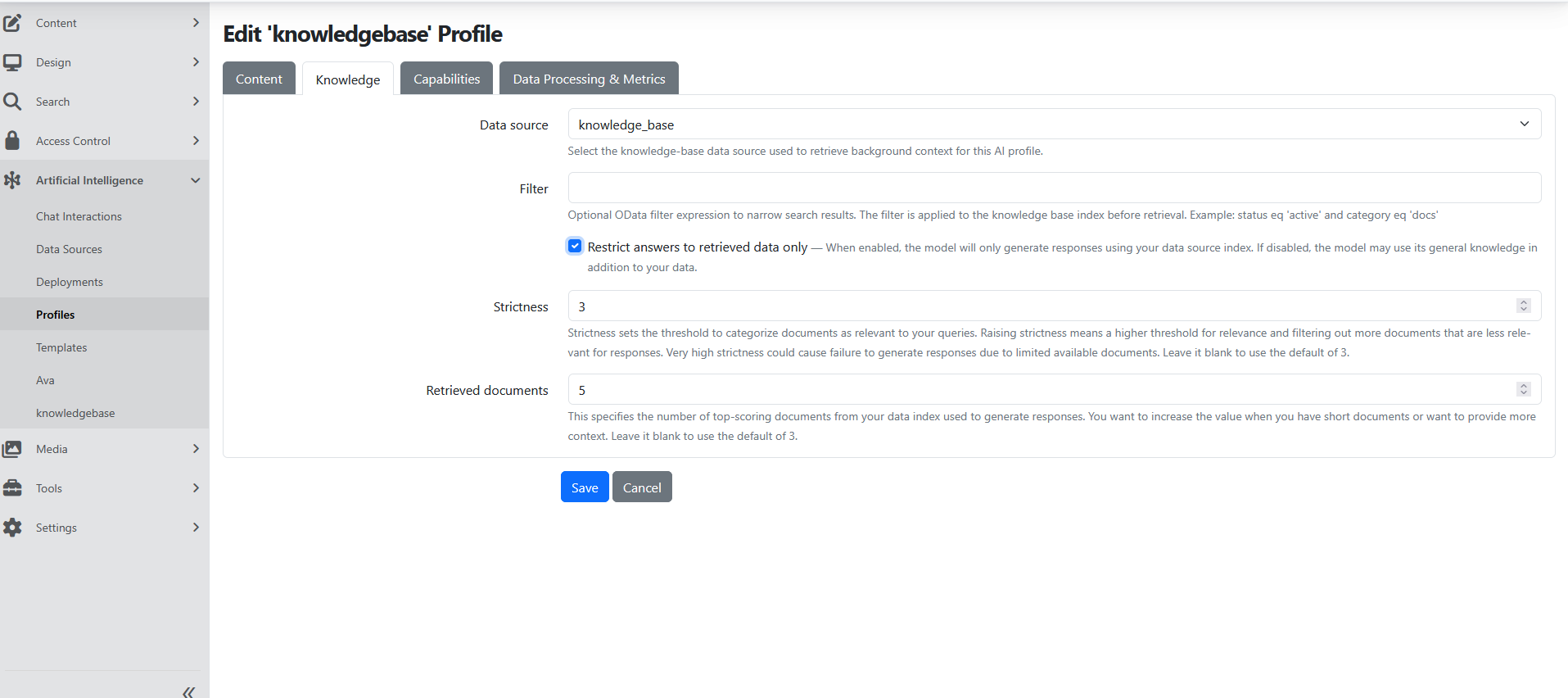 AI Profile knowledge tab