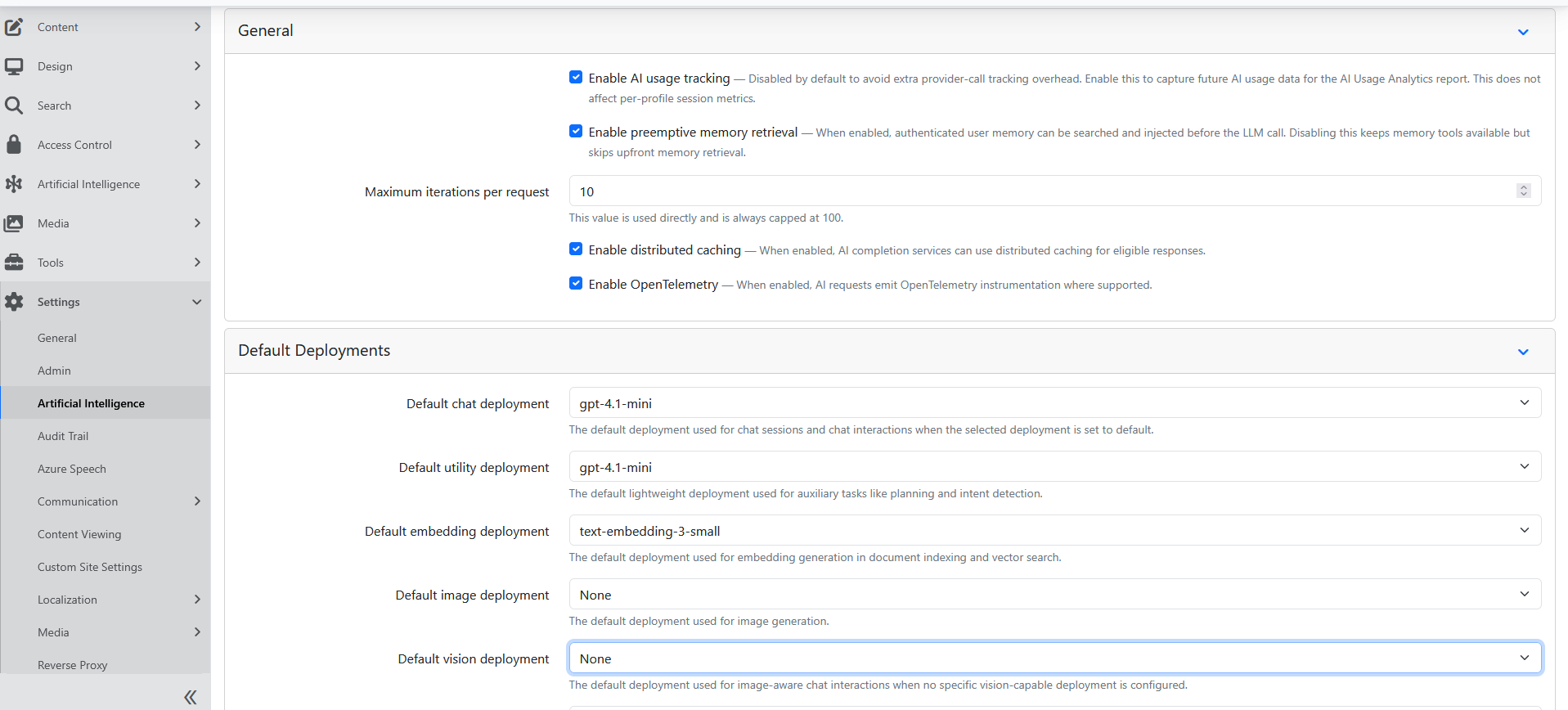 Artificial Intelligence settings showing default deployments