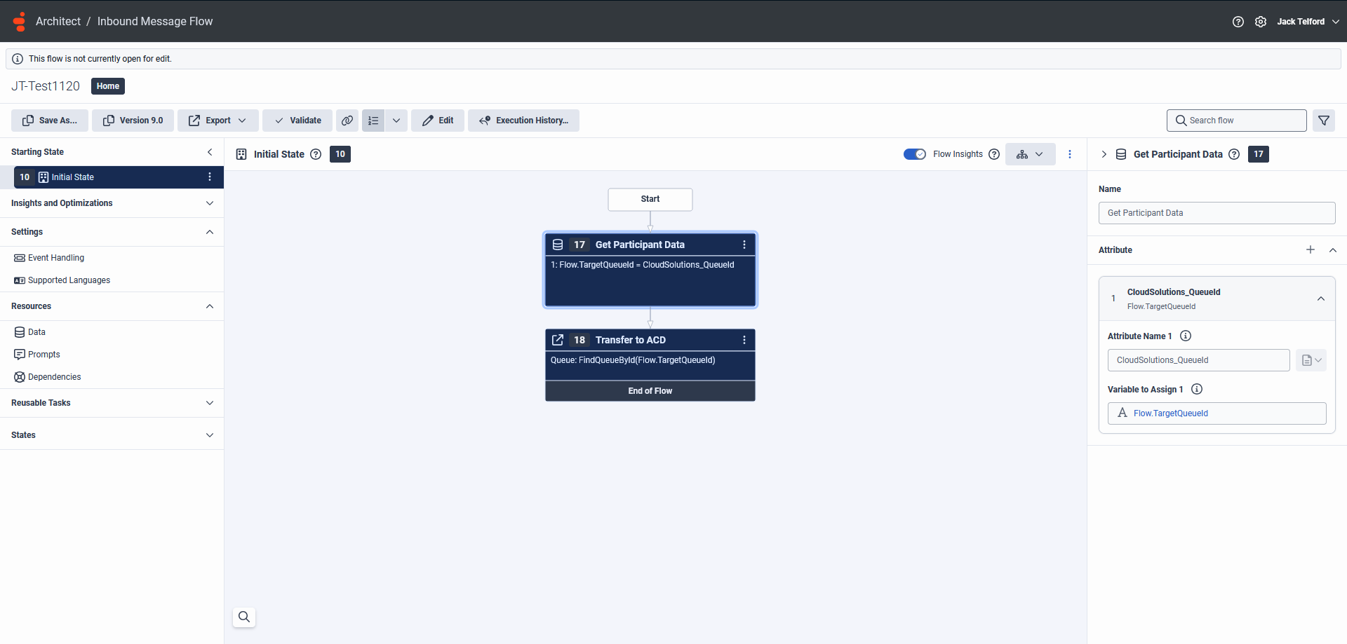 Architect flow editor showing Set Participant Data and Transfer to ACD