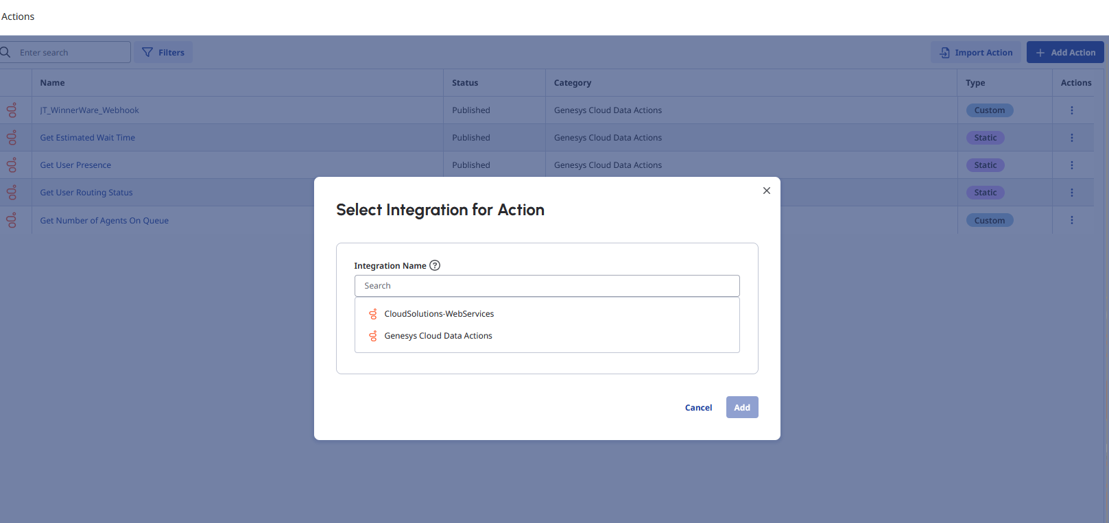 Select Integration for Action modal
