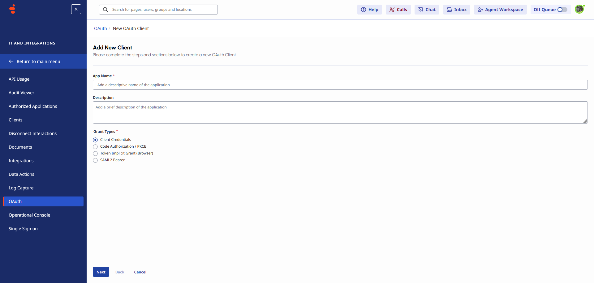 Add New OAuth Client form