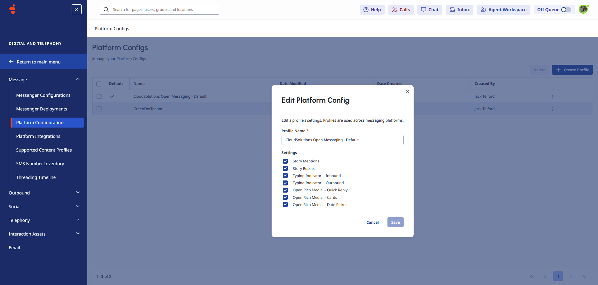 Edit Platform Config modal