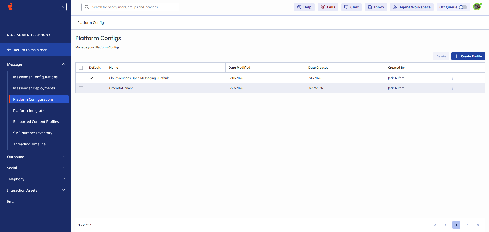 Platform Configs list