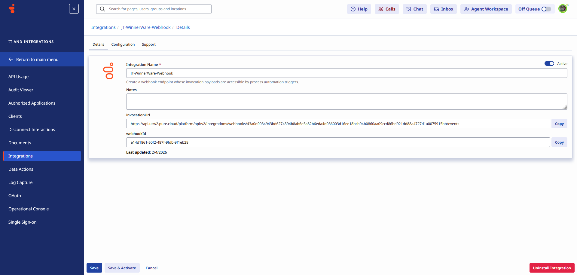 Webhook integration detail page