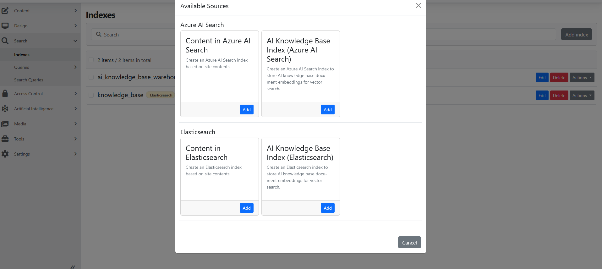 Add index options for content and AI knowledge base indexes